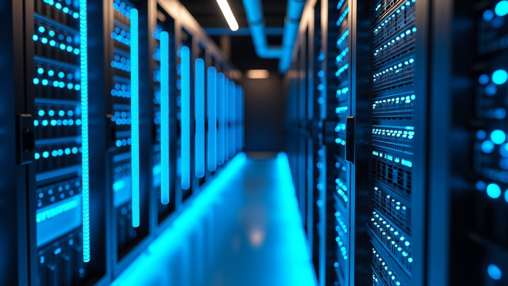 A high-tech server room with robotic arms installing server blades under cool blue lighting.