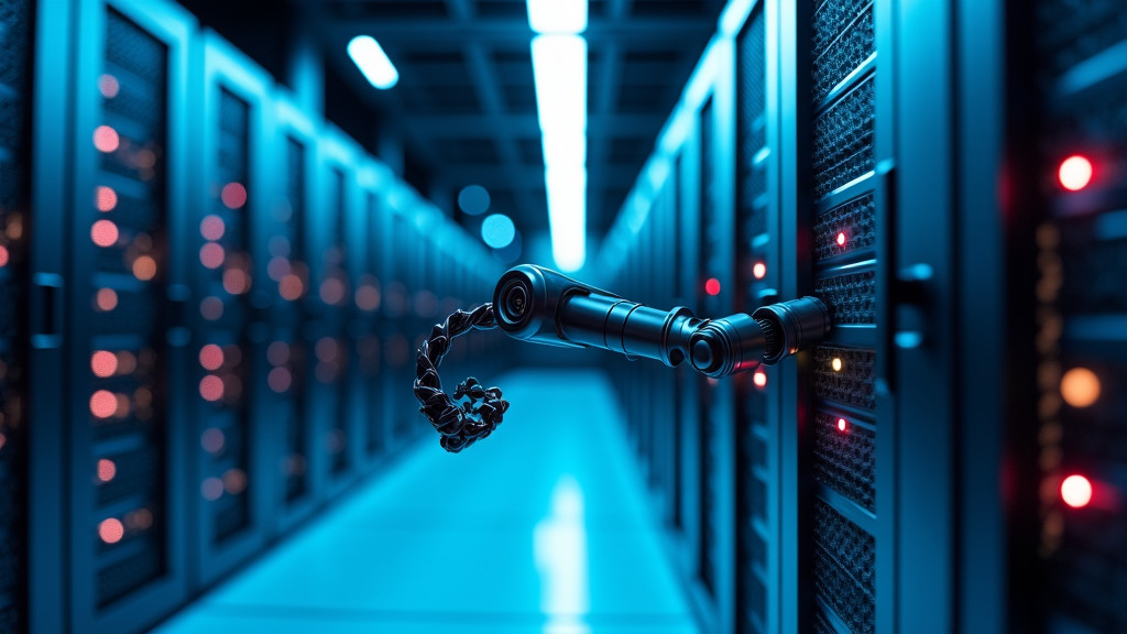 A high-tech server room with ambient blue lighting and holographic projections, featuring a robotic arm and sleek servers.