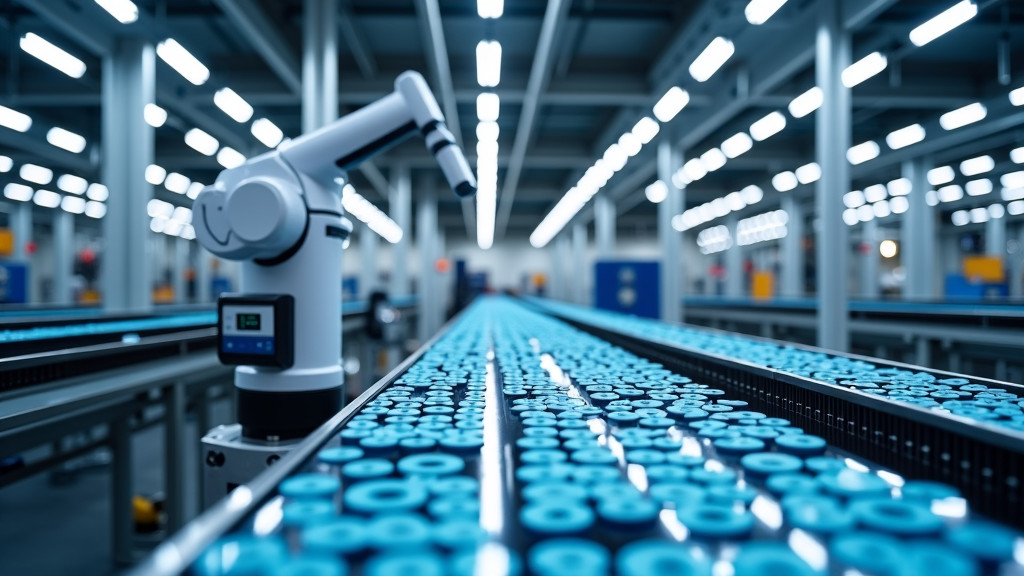 Interior of a high-tech automated manufacturing facility with robotic arms and production lines.