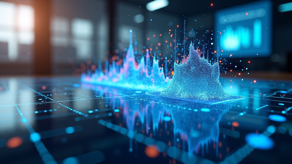 A photorealistic close-up of a holographic data visualization interface in a modern office with 3D graphs and colorful patterns.