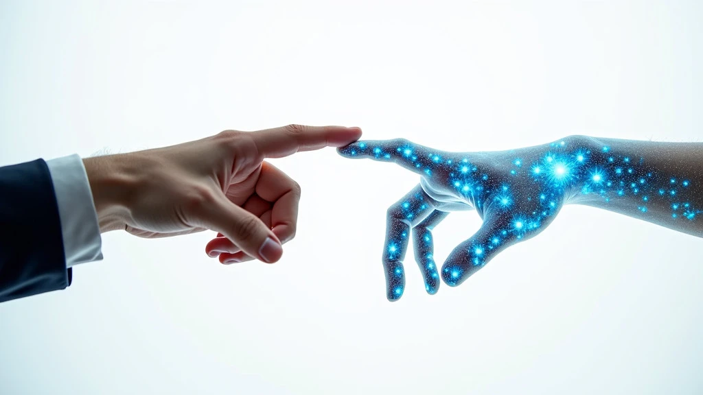 A human hand reaching to touch a translucent AI hand made of shimmering light particles.