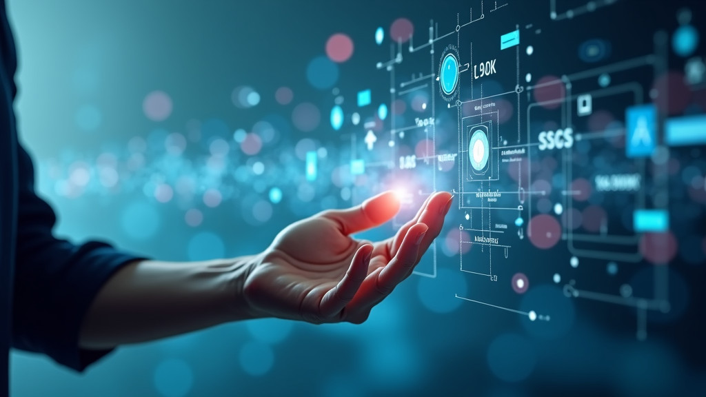A human hand reaching out to touch a softly glowing digital interface with holographic elements in a minimalist setting.