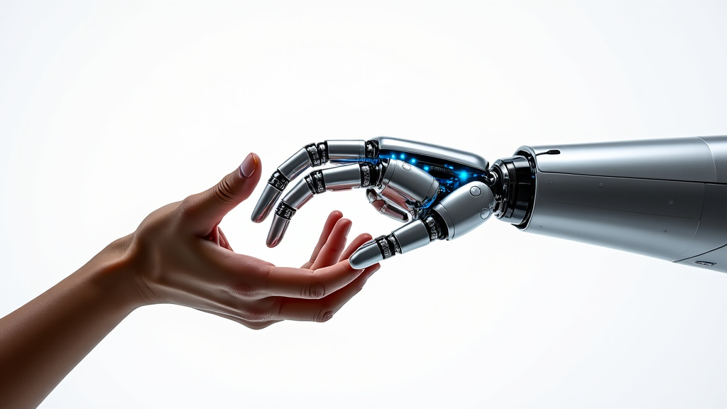 A human hand and a robotic hand reaching toward each other against a white background, showcasing diversity and AI technology.