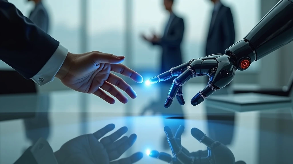 Human hand and robotic hand reaching toward each other across a reflective surface with a subtle blue glow.