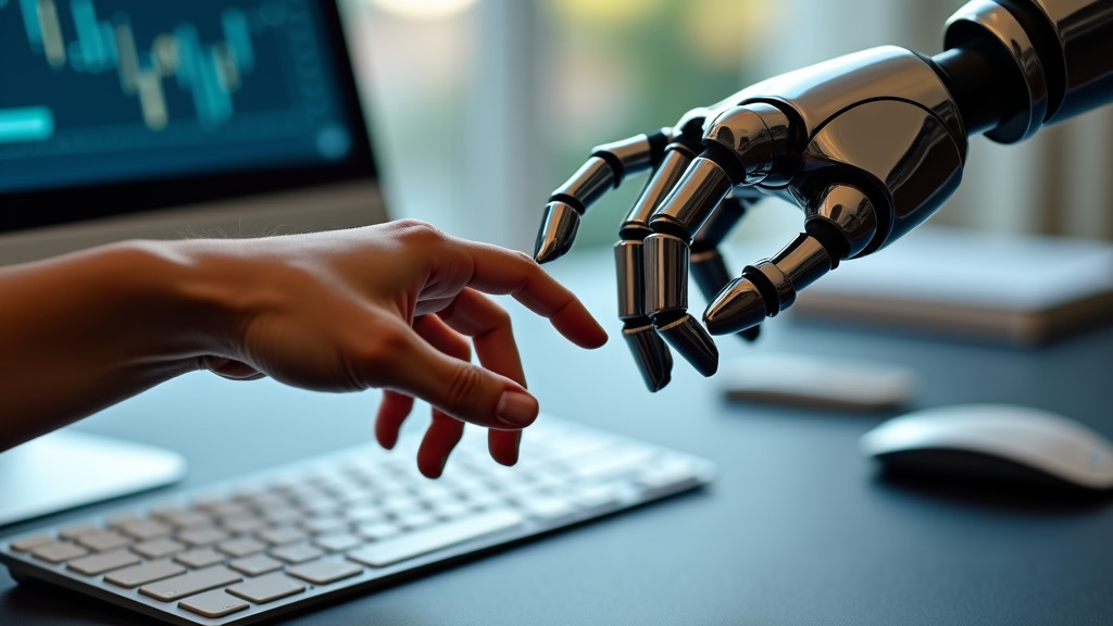 A human hand and a robotic hand reaching toward each other across a desk with modern computer equipment.