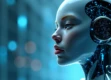 A sleek, translucent humanoid robot face emerging from a misty digital interface with glowing blue neural patterns.