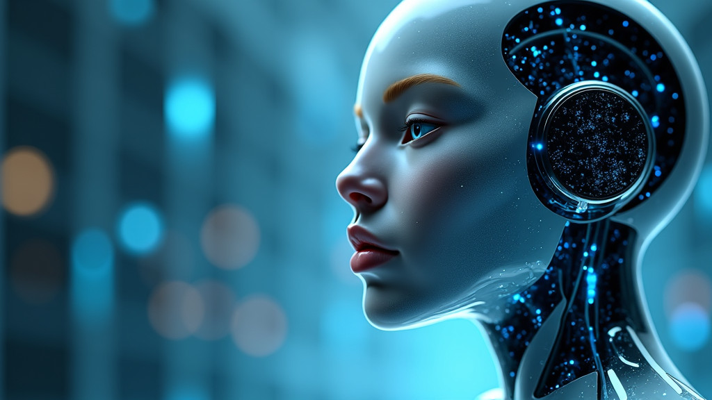 A sleek, translucent humanoid robot face emerging from a misty digital interface with glowing blue neural patterns.