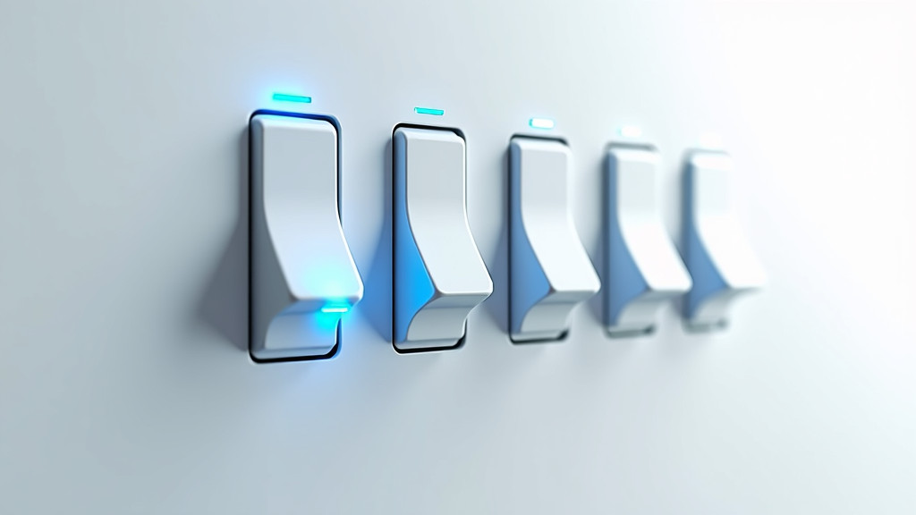 A modern, minimalist photograph of an illuminated power switch interface against a clean white background with some switches glowing blue.