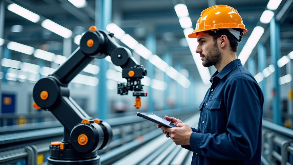 A technician in safety gear examining a robotic arm in a manufacturing facility.