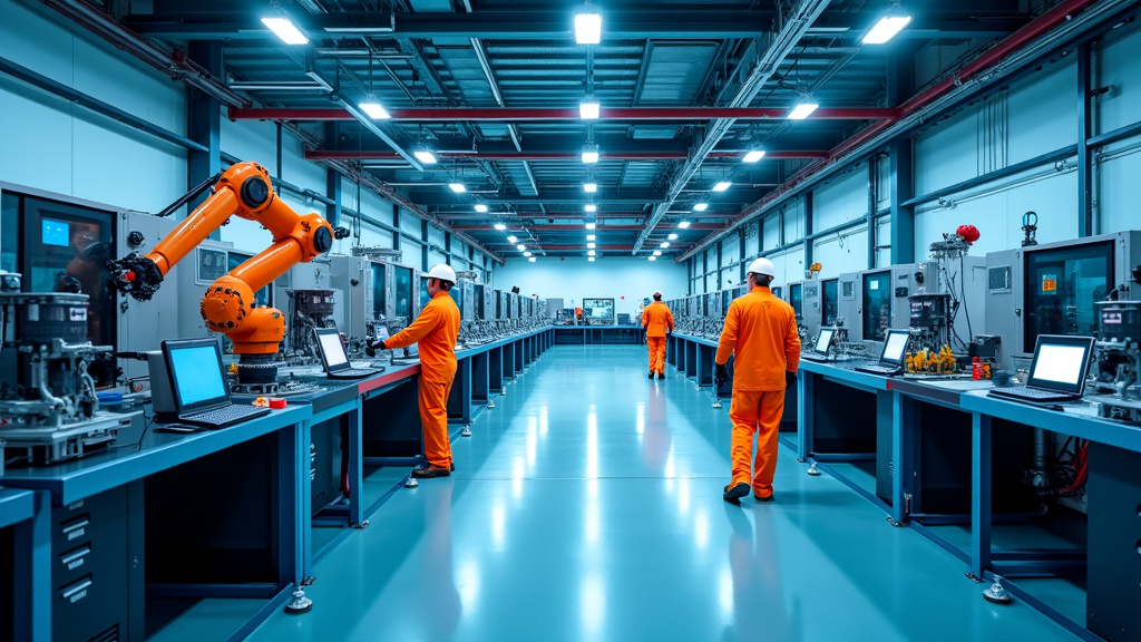 Aerial view of a modern industrial facility showing manufacturing floor with robotic arms and human workers.