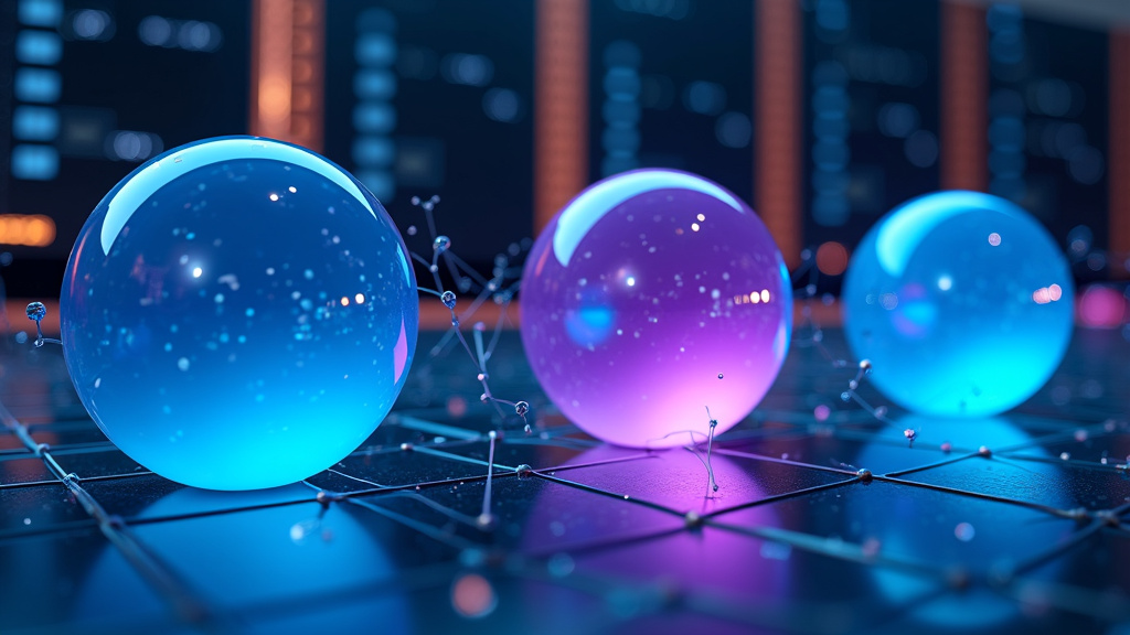 A sleek 3D visualization of interconnected glowing spheres representing AI components in a professional environment.