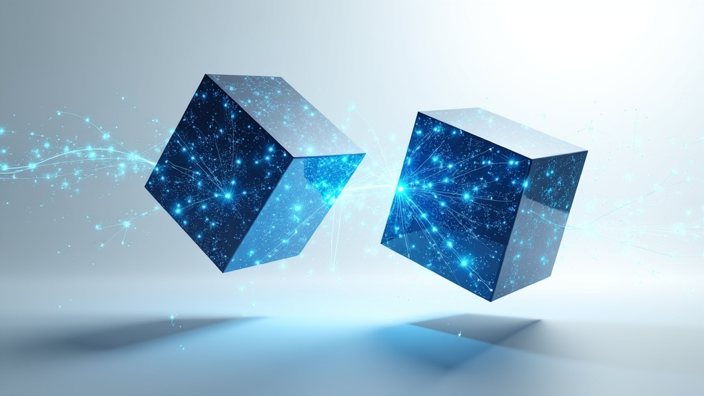 A modern 3D rendering of two interconnected digital cubes with glowing blue energy streams flowing between them in space.