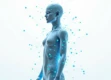 A 3D visualization of interconnected digital nodes forming a human-like silhouette with blue energy against a white background.