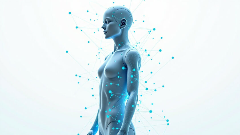 A 3D visualization of interconnected digital nodes forming a human-like silhouette with blue energy against a white background.