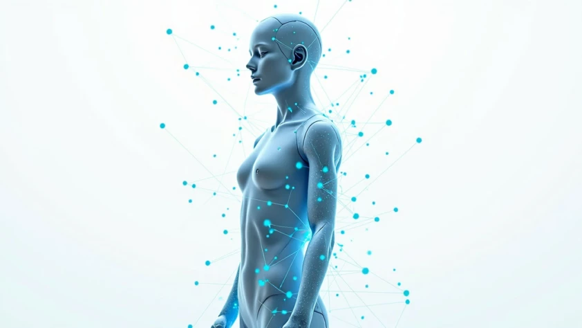 A 3D visualization of interconnected digital nodes forming a human-like silhouette with blue energy against a white background.