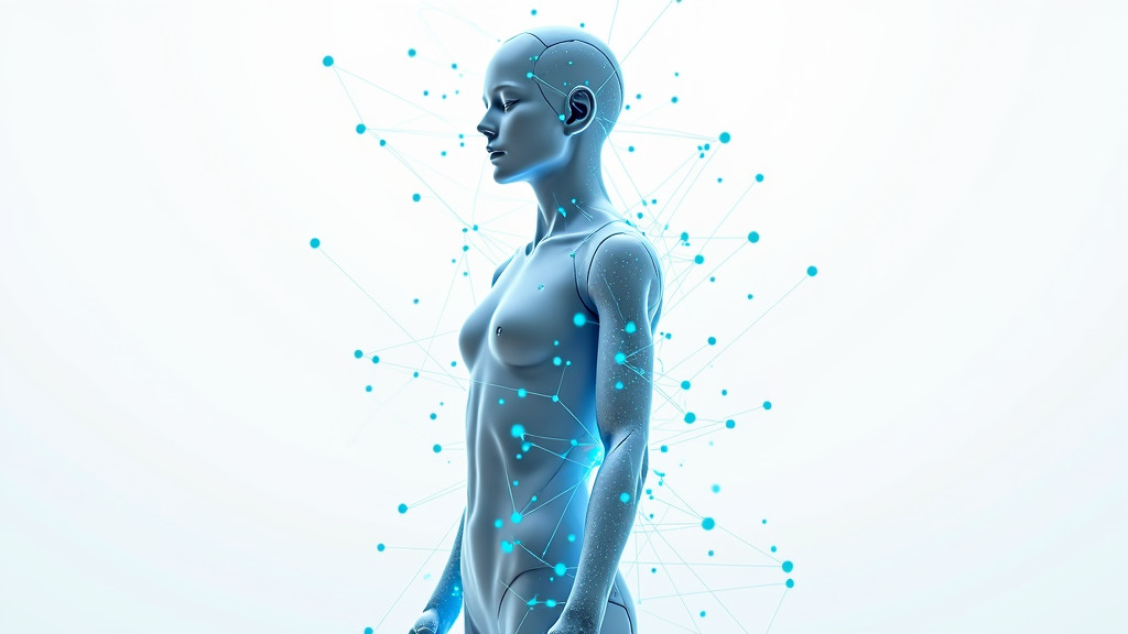 A 3D visualization of interconnected digital nodes forming a human-like silhouette with blue energy against a white background.