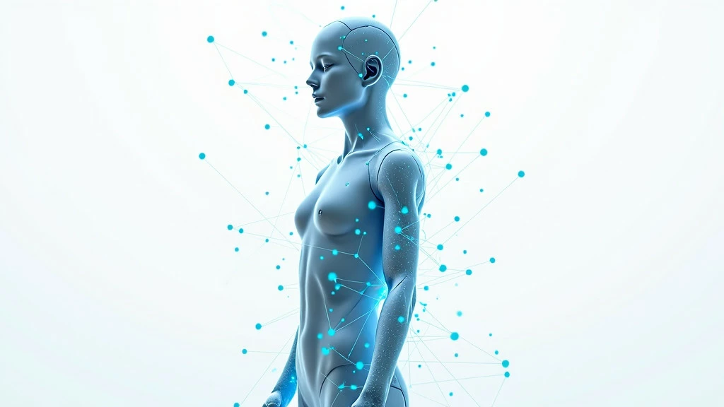 A 3D visualization of interconnected digital nodes forming a human-like silhouette with blue energy against a white background.