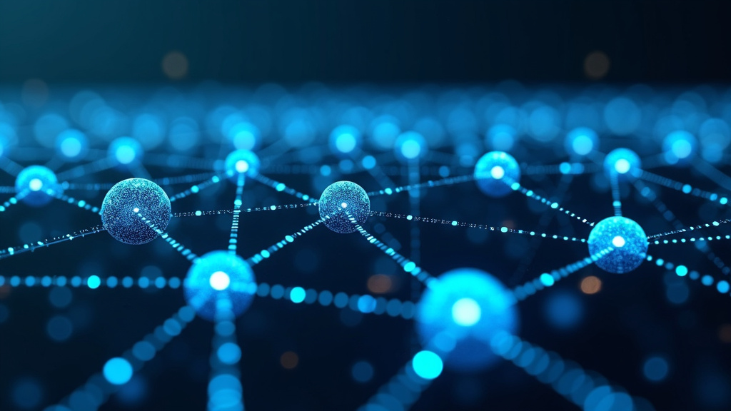 A sleek, photorealistic image showcasing interconnected digital nodes with glowing blue lines against a dark background, representing a neural network.