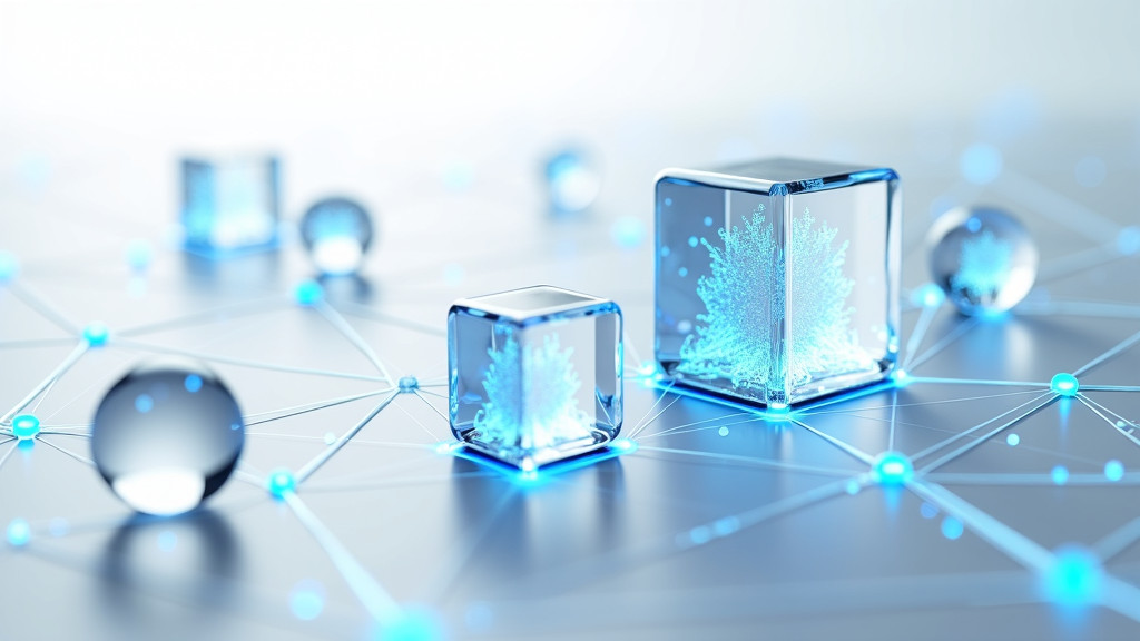 A photorealistic visualization of interconnected digital systems with transparent cubes and spheres connected by glowing blue light streams.