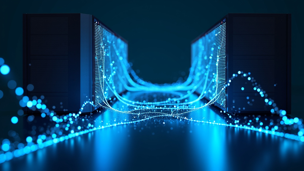 A sleek visualization of two interconnected digital systems exchanging data with glowing blue light streams.