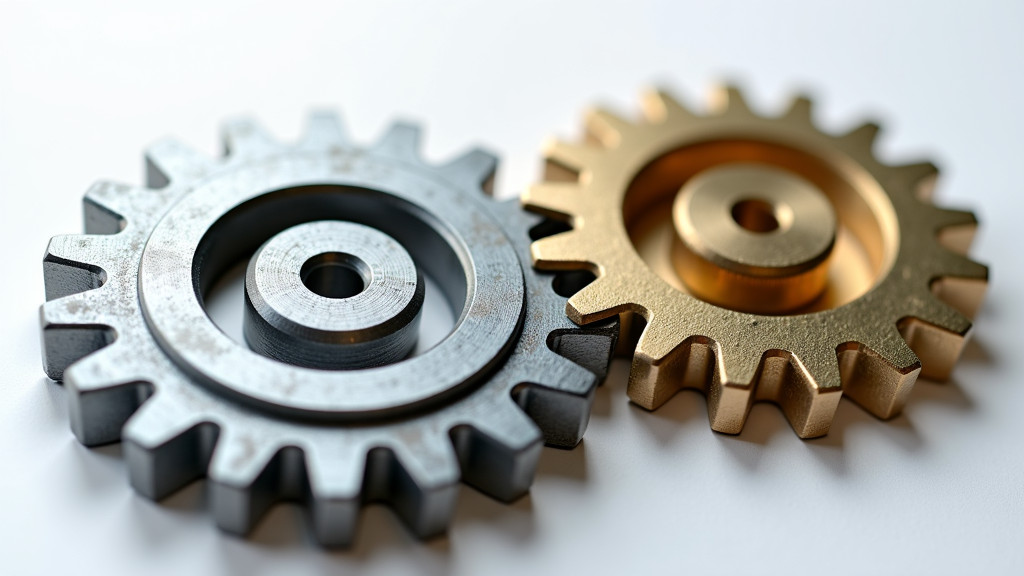 A close-up of two interconnected gears: one modern chrome-plated and the other weathered brass, meshing together on a white background.