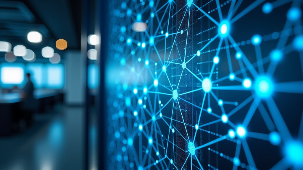 A modern 3D visualization of interconnected glowing nodes representing a digital network against a dark background.