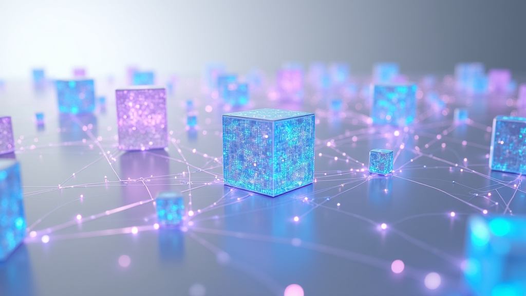 A sophisticated 3D visualization of interconnected glowing neural networks and data streams flowing between multiple transparent cubic nodes in a white space.