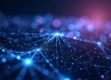 A sleek, futuristic 3D visualization of interconnected neural networks glowing in deep blue and purple hues against a dark background.