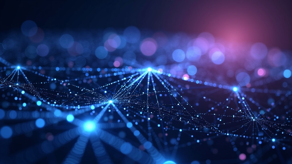 A sleek, futuristic 3D visualization of interconnected neural networks glowing in deep blue and purple hues against a dark background.