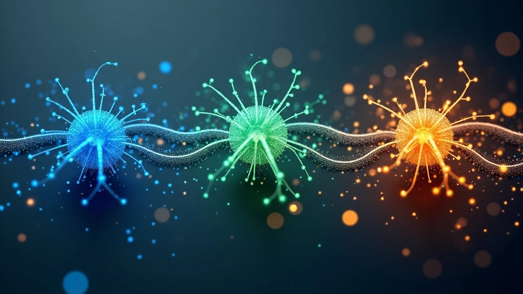 A photorealistic 3D visualization of three glowing interconnected neural network nodes in blue, green, and orange against a dark gray background.