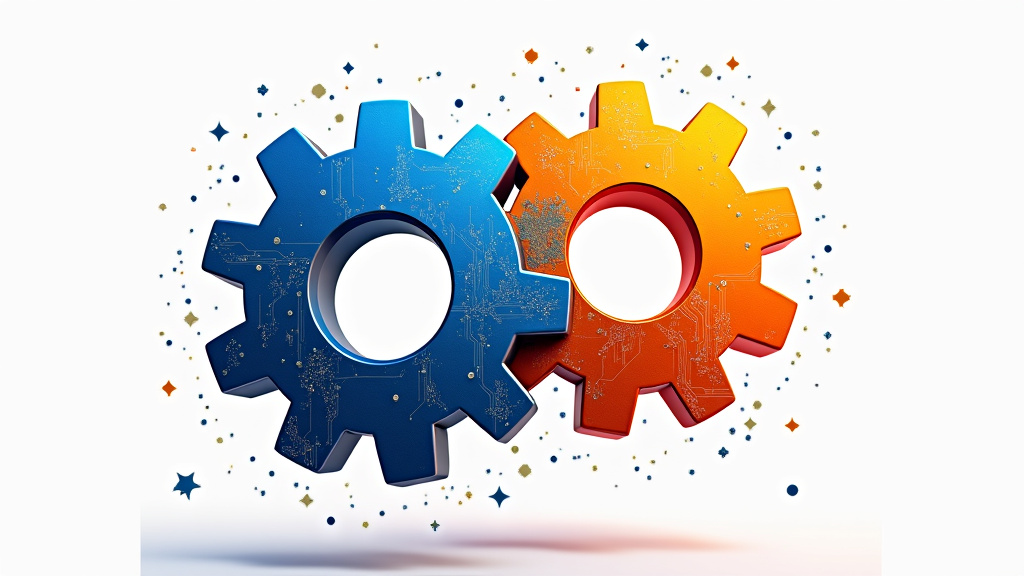 Two interlocking gears in metallic blue and orange colors against a white background, with digital circuit patterns and glowing data particles.