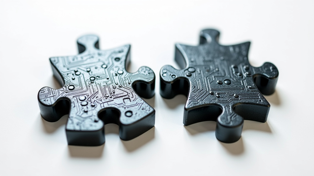 A close-up of two interlocking puzzle pieces, one metallic and one weathered, symbolizing modern AI technology and legacy systems.