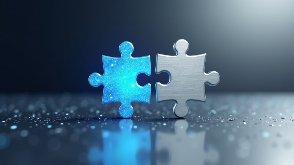 A modern minimalist photograph of two interlocking puzzle pieces, one glowing blue and the other brushed metallic silver, symbolizing integration challenges.