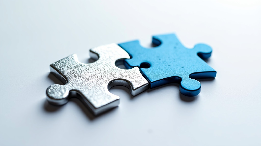 Close-up of two interlocking puzzle pieces in metallic silver and blue tones against a white background.