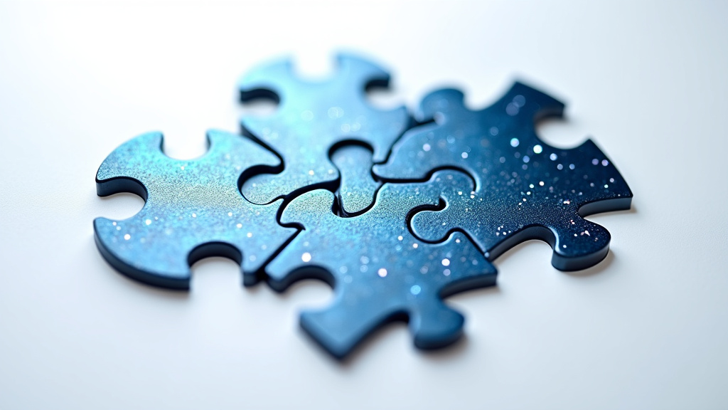 A top-down view of jigsaw puzzle pieces with metallic patterns connecting together.