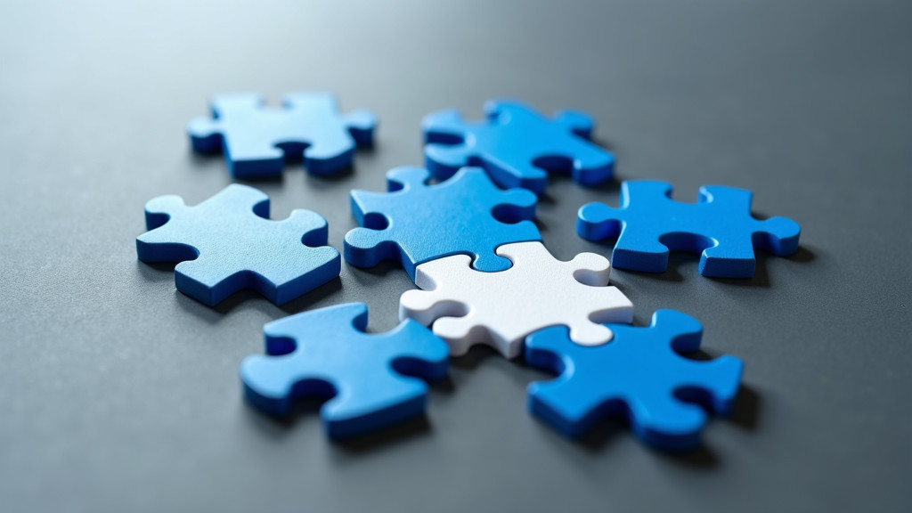 A photorealistic top-down view of interconnected jigsaw puzzle pieces in blue and white tones with glowing lines, symbolizing software systems integration.