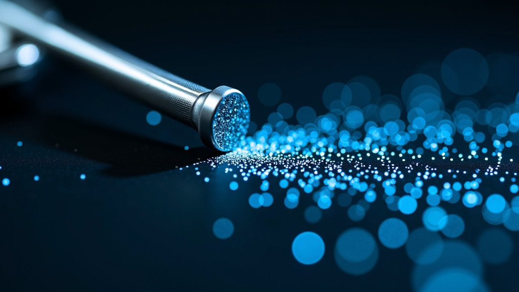 A sleek, metallic key transforming into binary code particles, illuminated by blue light against a dark background.