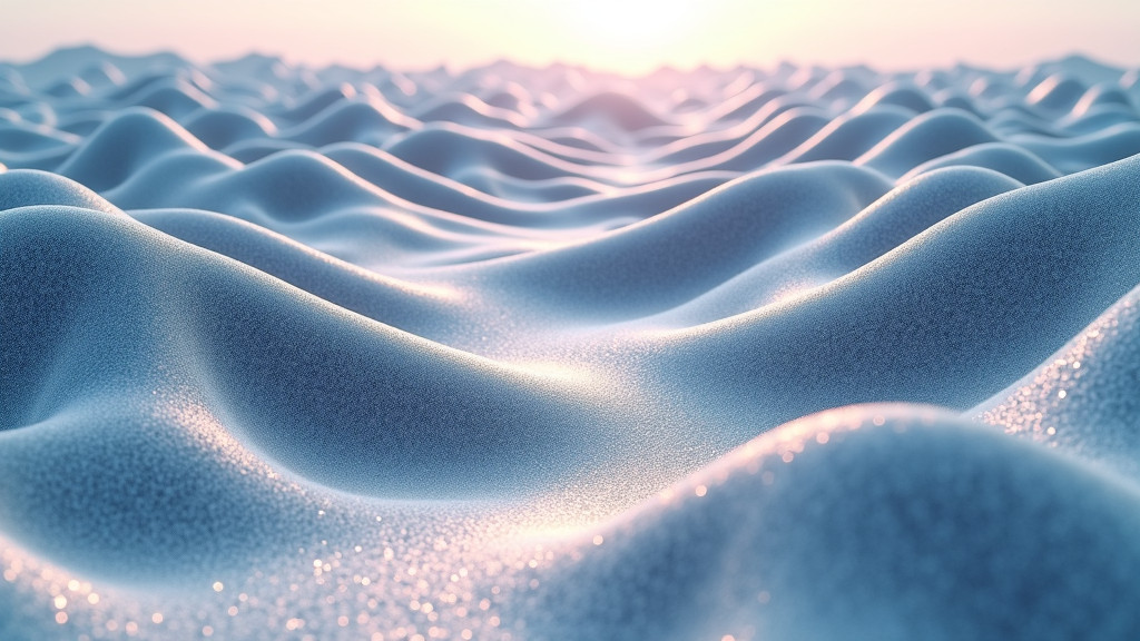 Close-up of a metallic landscape with neural network patterns and smooth valleys.