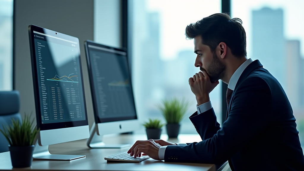 A minimalist office with two computer screens showing different interfaces and a professional looking frustrated.