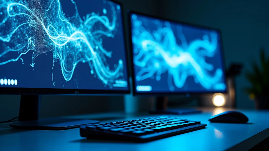 A sleek, minimalist workspace with multiple floating digital screens displaying workflow diagrams.