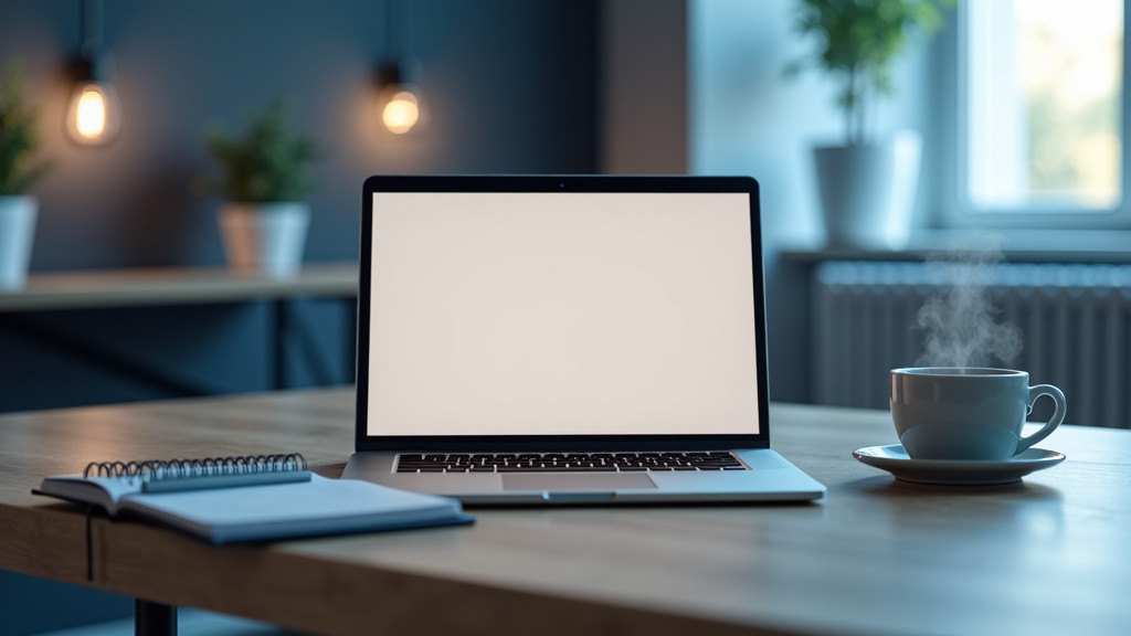 A modern minimalist workspace with a sleek laptop and ambient lighting.