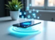 A sleek, minimalist workspace with a modern smartphone levitating above a clean white desk and holographic social media icons.