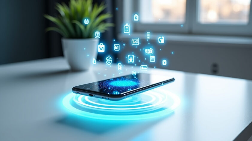 A sleek, minimalist workspace with a modern smartphone levitating above a clean white desk and holographic social media icons.