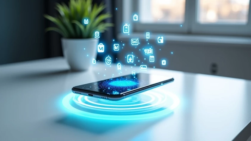 A sleek, minimalist workspace with a modern smartphone levitating above a clean white desk and holographic social media icons.