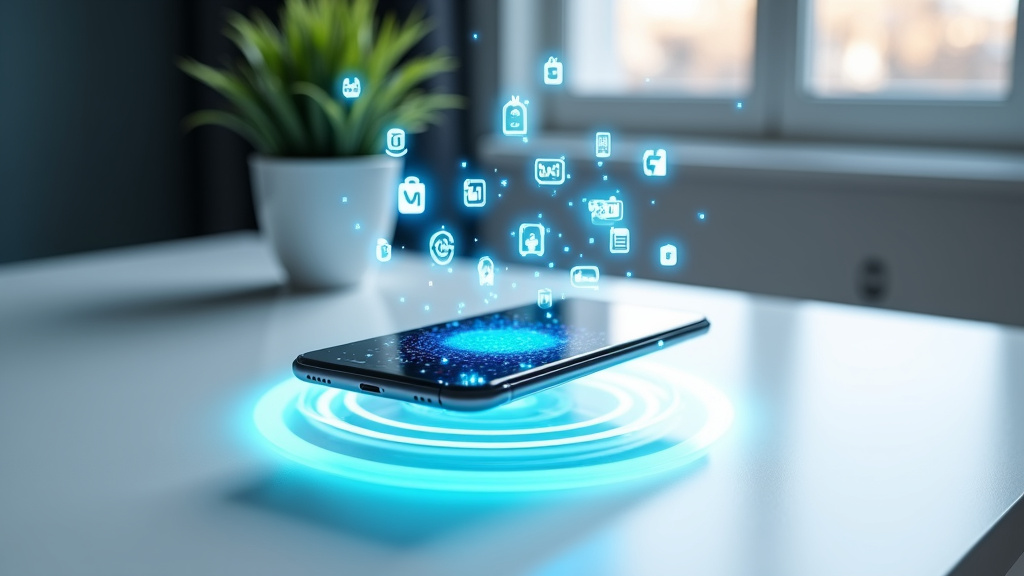 A sleek, minimalist workspace with a modern smartphone levitating above a clean white desk and holographic social media icons.