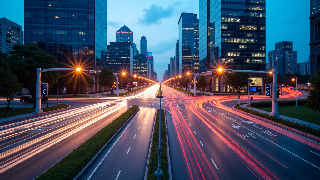 Aerial view of a modern city intersection at dusk with glowing traffic lights.