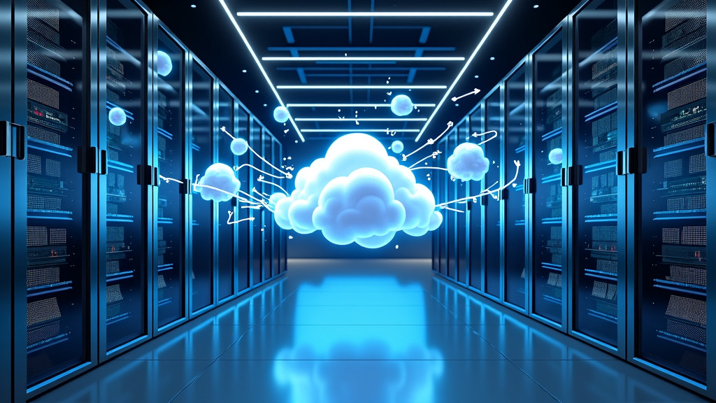 A photorealistic modern data center with server racks and cloud representations.