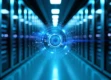 A modern data center interior with blue ambient lighting and rows of server racks, featuring a holographic interface.