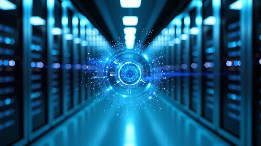 A modern data center interior with blue ambient lighting and rows of server racks, featuring a holographic interface.