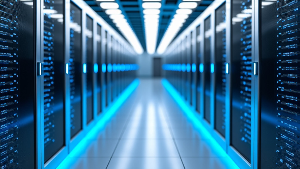 A sleek, modern data center interior with energy-efficient servers emitting a soft blue glow.